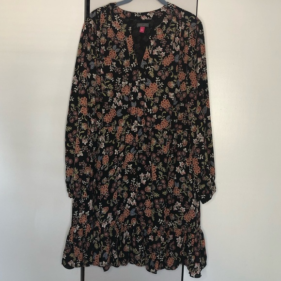 Vince Camuto Women's Floral Rich Black Off The Grid Peasant Mini Dress Size L - Picture 2 of 12